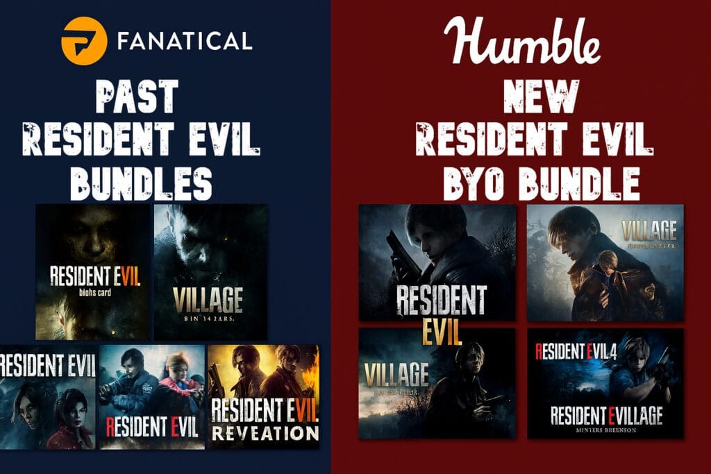 Split header comparing Fanatical and Humble Resident Evil bundles – 2025 deal guide